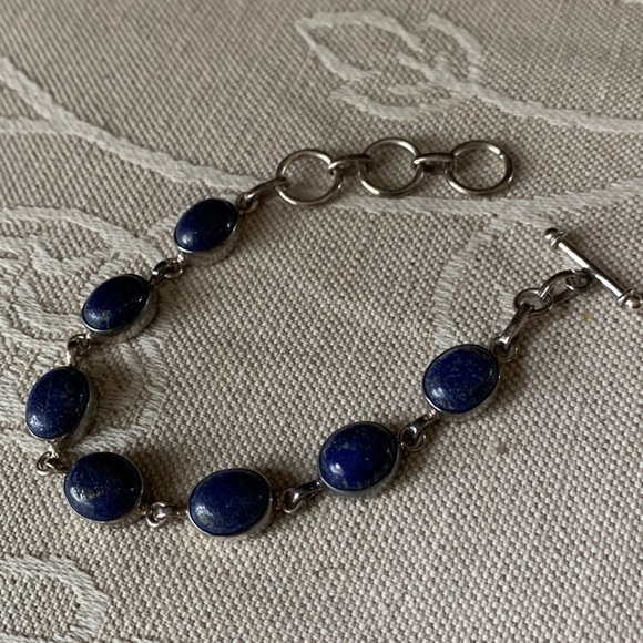 Sterling silver 925 lapis lazuli circular panel toggle bracelet